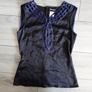 Giorgio Armani Black Blue 100%Silk Keyhole Sleeveless Blouse Size 42 US 6